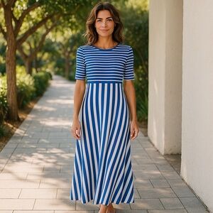 matilda jane the road ahead maxi dress Matilda Jane Size S Blue White Striped The Road Ahead Scoop Neck Maxi Dress